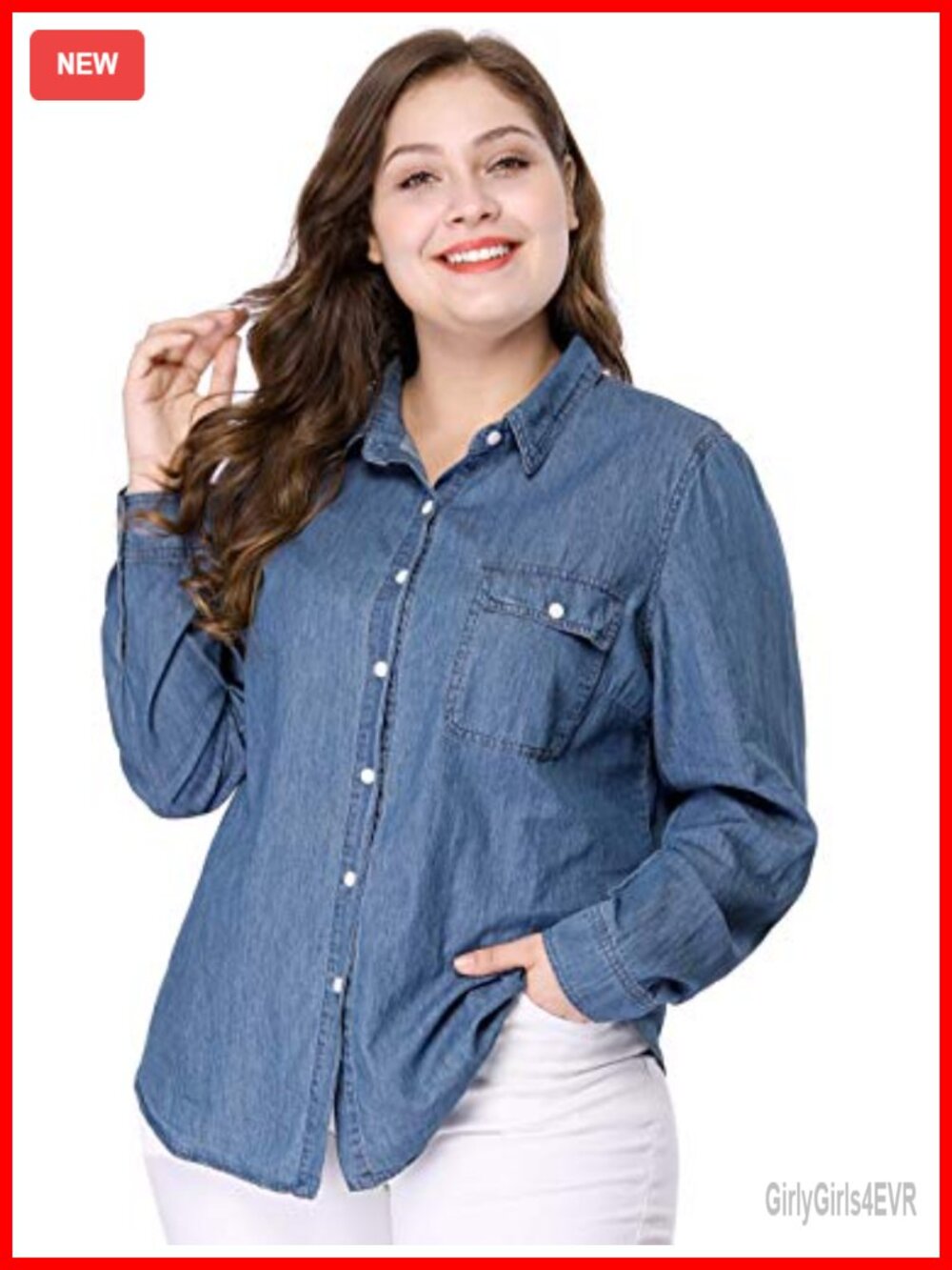 Plus Size Long Sleeve Button Down Chambray Shirt